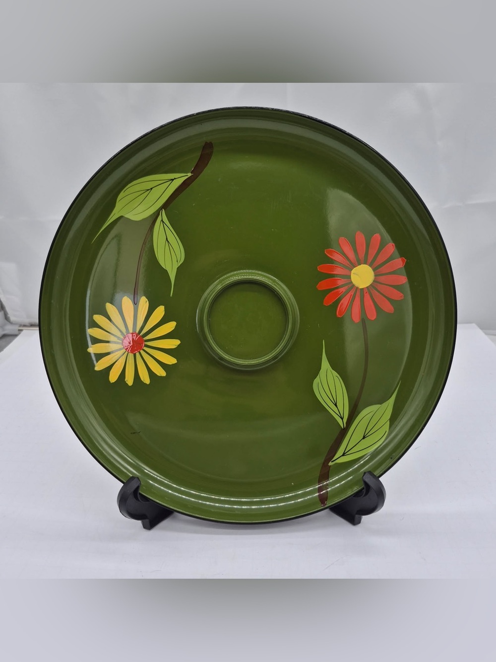 VTG 1960s Japanese Green Lacquerware Enamel Serving Tray Floral Boho Retro MCM